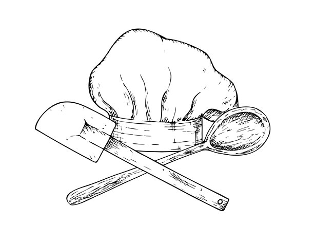 矢量厨师帽徽章，配有木勺和硅胶厨房铲。图形墨水专业帽子标志和符号，厨房工具插图，背景独立。手绘线条素描。适用于设计师、印刷品、标志、图标、菜单、明信片、节日。图片下载