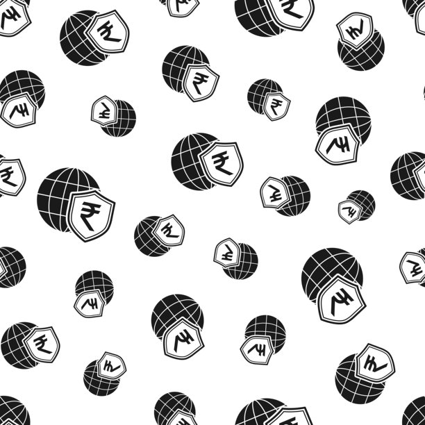 带有地球仪的印度卢比盾。无缝模式。白色背景的图标图片下载