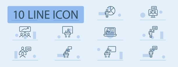 演示和演讲图标集。包含演讲者与白板、饼图、观众群体、笔记本电脑、对话气泡、讲台演讲者，所有图形均以蓝色线条绘制。图片下载