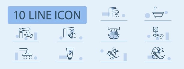 卫生和卫生设施图标集。用于健康、清洁、消毒、安全和日常护理的水龙头、淋浴、肥皂、洗手、消毒剂和干燥的线条图标。图片下载