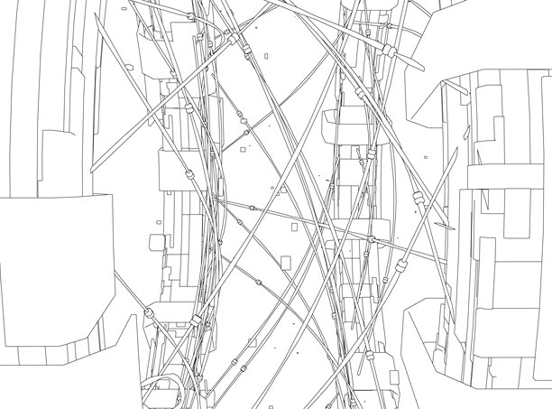 黑白建筑图纸，描绘了一个空间站，复杂的电线网络形成了精细的轮廓线。图片下载