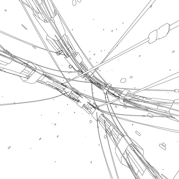 一幅黑白色的未来主义空间站轮廓图，展示了复杂的线条和点的网络，形成错综复杂的连接。图片下载