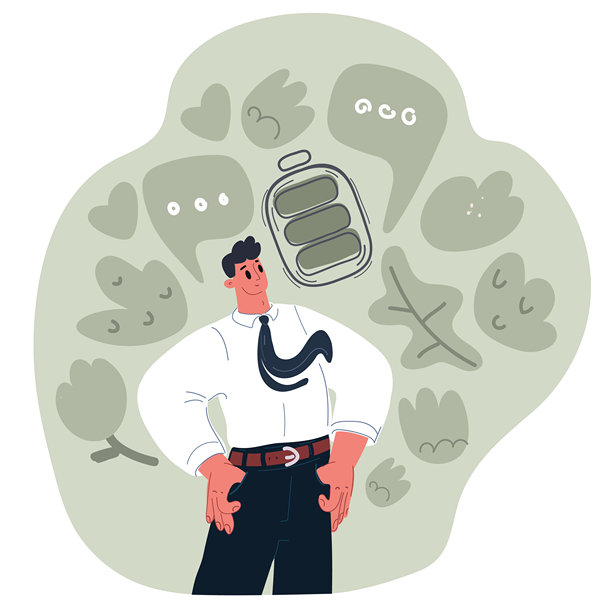 年轻员工商务律师的矢量插图，穿着经典的正式衬衫和领带，在办公室工作，旁边有绿色电池充电标志。图片下载