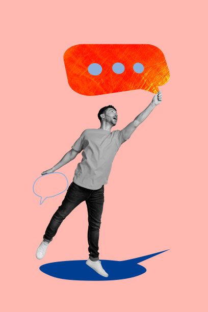 年轻男子手持信息演讲语录的3D照片拼贴草图模板设计，进行交流对话。图片下载