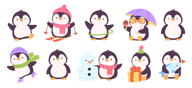 有趣的企鹅。不同姿势的小卡通企鹅。儿童吉祥物，南极鸟滑雪，吃冰淇淋，拿着鱼，生动的矢量动物角色。图片下载