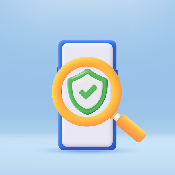 在智能手机上搜索技术安全盾牌的3D图像。放大镜与手机上的盾牌。用户数据保护。安全科技概念。极简卡通图标。现代3D风格的矢量图。图片下载
