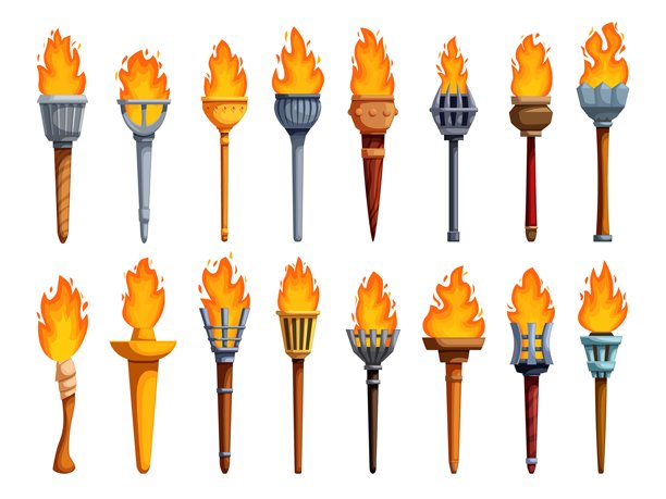 卡通火把游戏素材。中世纪的木制、金属和石制火把，带有燃烧的火焰。古老设计的火把灯，带有火焰，生动的矢量图标。图片下载