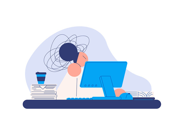 在杂乱工作空间中感到不堪重负的办公室工作人员，女性处于压力状态。简单形状风格插图。图片下载