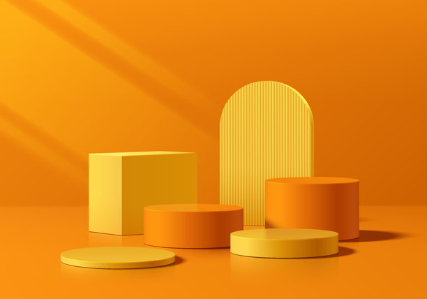 五个橙色和黄色的3D圆形产品展示台背景。极简设计的抽象构图。工作室展示厅的支架，时尚舞台展示的墙面场景。空旷的空间。图片下载