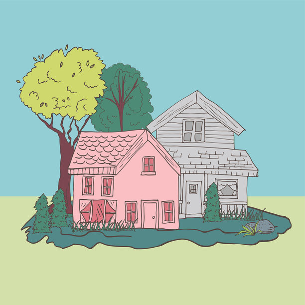 手绘涂鸦房屋树木和植物图片下载