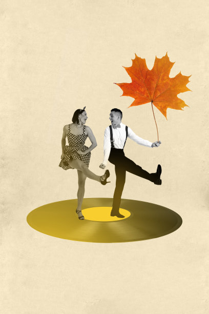 趋势艺术创意草图，3D照片拼贴，年轻绅士与女性在户外音乐派对上一起跳舞，黑胶唱片销售图片下载