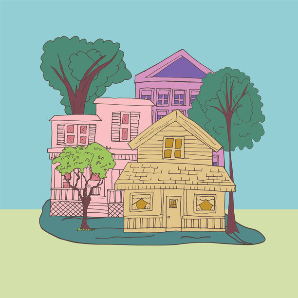 手绘涂鸦房屋树木和植物图片下载