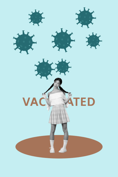 快乐女孩在疫情隔离中走路的纵向照片拼贴，展示了破碎的病毒片和与新冠病毒相关的问题，体现了医疗保健的主题。图片下载