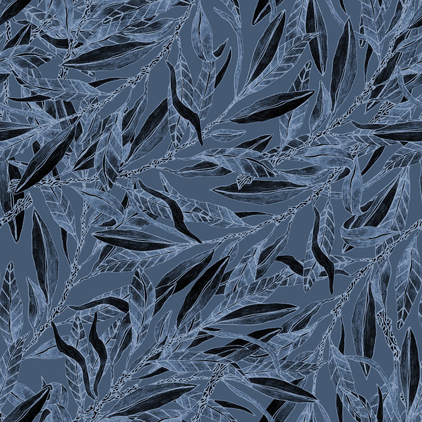 手绘黑白橄榄枝和叶子的纹理，背景为经典蓝色。非常适合印刷在布料或纸张上。花卉装饰。图片下载