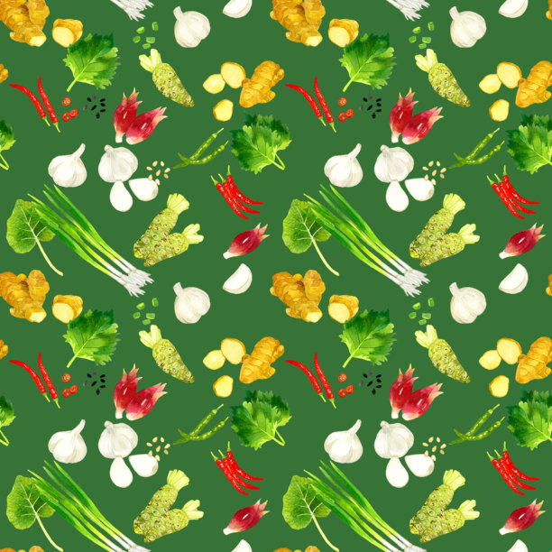 无缝的草药和蔬菜图案。手绘水彩插图背景素材。图片下载