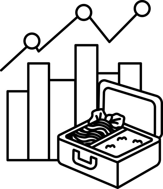 一张黑白照片，展示了一个行李箱和里面的一块食物。图片下载