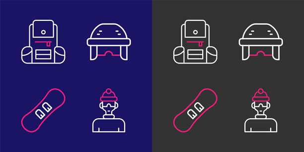 冬季运动员、滑雪板、冰球头盔和登山背包图标。矢量图。图片下载