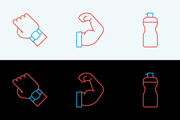 健身摇摇杯、手腕上的智能手表和健美运动员肌肉图标。矢量图。图片下载