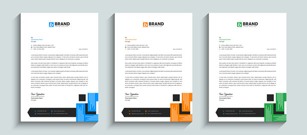 抽象的企业信头设计模板，采用蓝色、橙色和绿色。适用于信头、文具、品牌形象、文件和布局设计的创意设计。图片下载