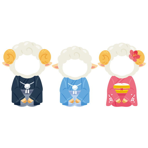 羊年生肖角色穿着精美服装的家庭照片框图片下载