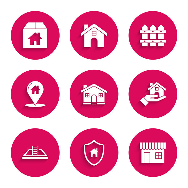 房屋图标，带有盾牌的购物建筑或市场商店，房地产经纪人，游泳池梯子，地图指针房屋，木质花园围栏和纸箱图标。矢量图。图片下载