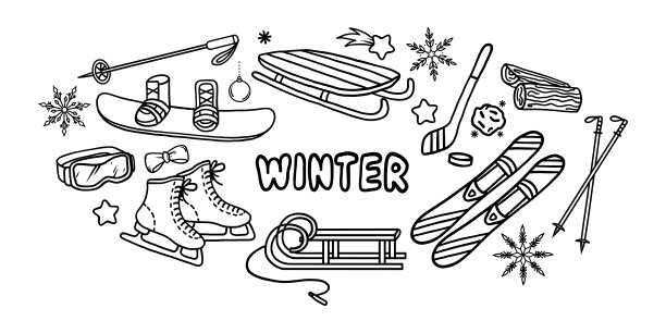 冬季假日背景，包含雪花、雪橇、滑雪板和滑冰鞋。冬季贺卡设计。图片下载