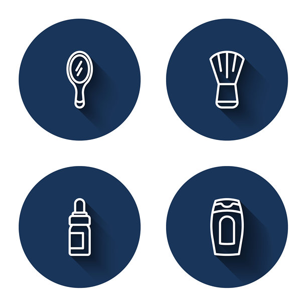 手持镜子、化妆刷、精油瓶和长阴影的洗发水瓶。蓝色圆形按钮。矢量图。图片下载