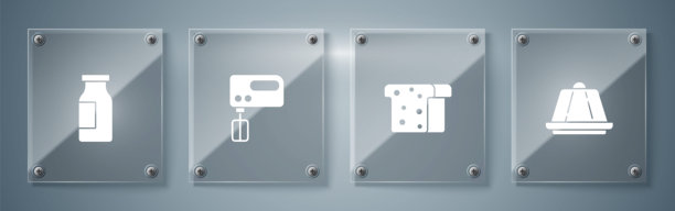 布丁奶油、烤面包、电动搅拌器和装有牛奶的瓶子。方形玻璃面板。矢量图。图片下载