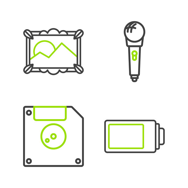 电池充电水平指示器，计算机数据存储用软盘，麦克风和图片风景图标。矢量图。图片下载