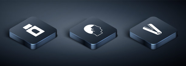 等距剃须水、卷发棒和男性发型图标。矢量图。图片下载