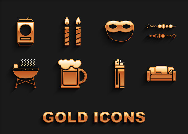 木制啤酒杯、烤肉串、沙发、打火机、烧烤架、节日面具、啤酒罐和生日蛋糕蜡烛图标。矢量图。图片下载