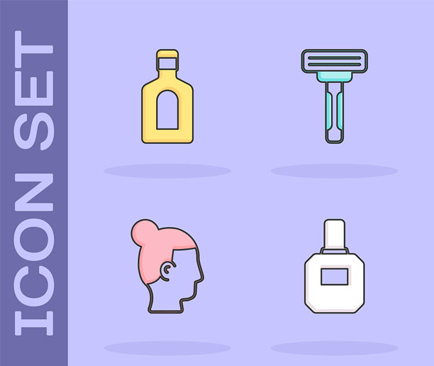 剃须水、洗发水瓶、男士发型和剃须刀图标。矢量图。图片下载