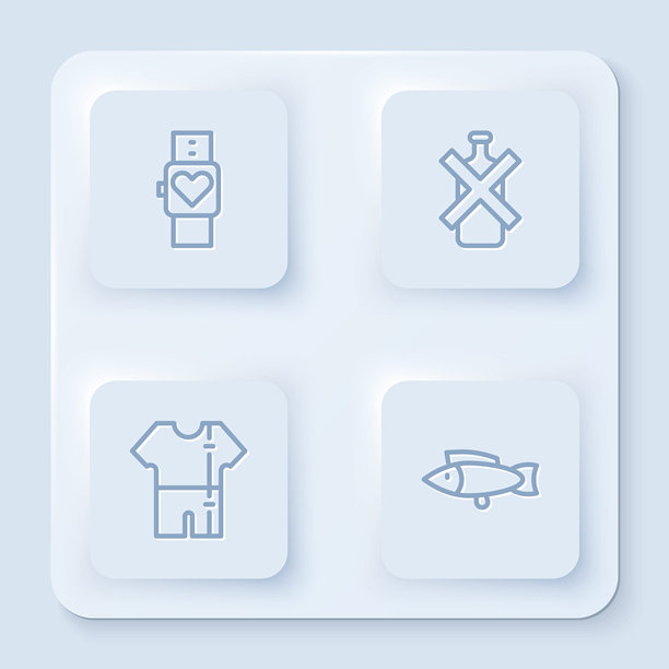 智能手表、无酒精、运动套装和鱼。白色方形按钮。矢量图。图片下载