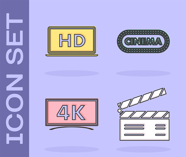 电影拍板，带有高清晰度视频技术的笔记本电脑屏幕，带有4K超高清晰度视频技术的电视屏幕，以及电影海报设计模板图标。矢量图。图片下载