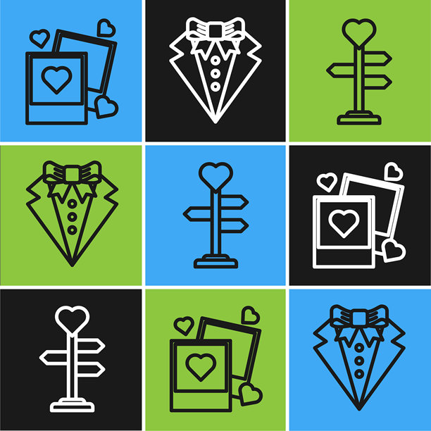 两空白照片框和心形，带心形的指示牌和西装图标。矢量图。图片下载