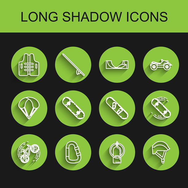 自行车特技、登山扣、救生衣、水肺、头盔、滑板和单板滑雪图标。矢量图。图片下载