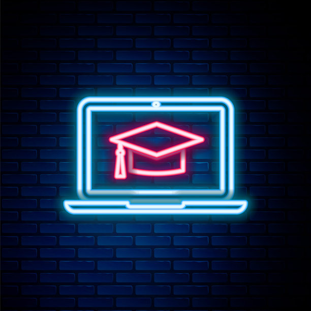 发光的霓虹线条毕业帽在砖墙背景的笔记本电脑屏幕图标上。在线学习或电子学习概念。彩色轮廓概念。矢量图。图片下载