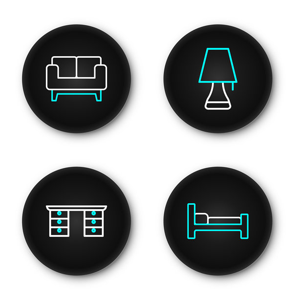 床、办公桌、台灯和沙发图标。矢量图。图片下载