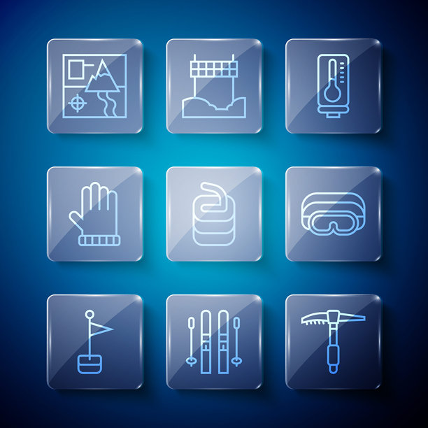 设置线路位置标记，滑雪和滑雪杖，冰镐，气象温度计，冰壶石，圣诞手套，折叠地图和护目镜图标。矢量图。图片下载