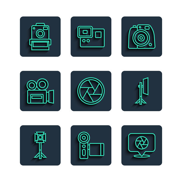 设置在软箱中的线性工作室灯泡，电影相机，相机快门，照片，复古电影和图标。矢量图图片下载