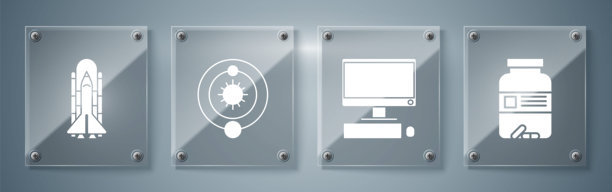 药瓶和药丸，带键盘和鼠标的电脑显示器，太阳系和航天飞机及火箭。方形玻璃面板。矢量图。图片下载