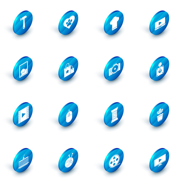 动物足迹与心形图案、厨师帽、在线视频播放、风景图片、播放视频、纸质购物袋、街机游戏操纵杆和相机图标。矢量图。图片下载