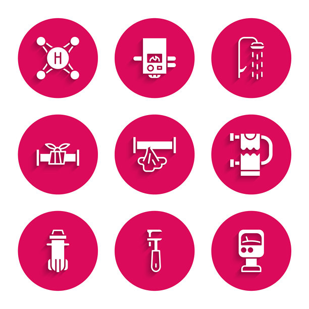 破损的管道，管道可调扳手，压力水表，加热毛巾架，水过滤器，工业金属，淋浴和水龙头图标。矢量图。图片下载