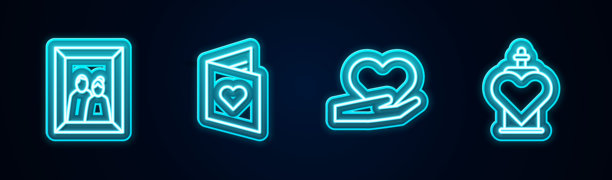 情人节宣传单，带心形的图片框，心形手和爱情药水瓶。发光的霓虹图标。矢量图。图片下载