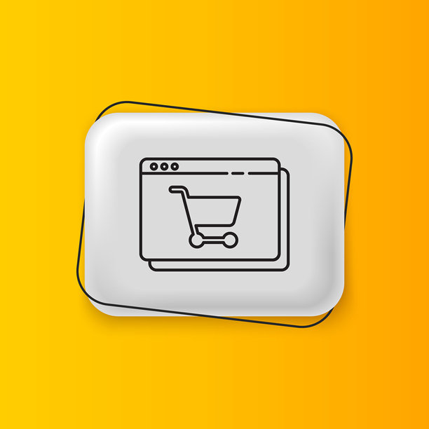 黑色在线购物屏幕图标，背景为黄色。概念电子商务、电子商业、在线商业营销。银色矩形按钮。矢量图。图片下载