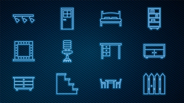 花园木栅栏、抽屉柜、大床、办公椅、带灯化妆镜、LED轨道灯和灯具、书桌和关闭的门图标。矢量图。图片下载