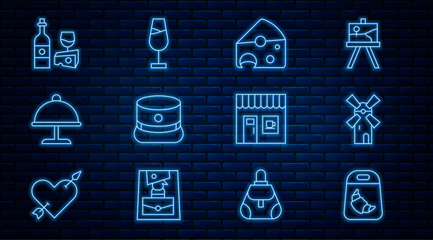 面包店的可颂包装、风车、奶酪、凯皮帽、托盘上的奶酪和酒瓶、咖啡店和玻璃图标。矢量图。图片下载