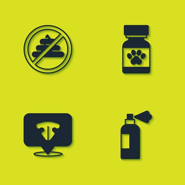 无狗屎，宠物洗发水，猫鼻子和药瓶及药丸图标。矢量图。图片下载