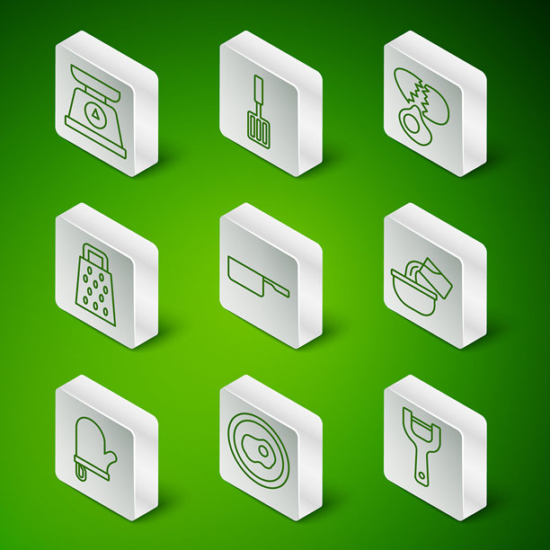 蔬菜削皮器、炒鸡蛋、秤、炖锅、擦菜器、烧烤铲、烤箱手套和图标。矢量图图片下载