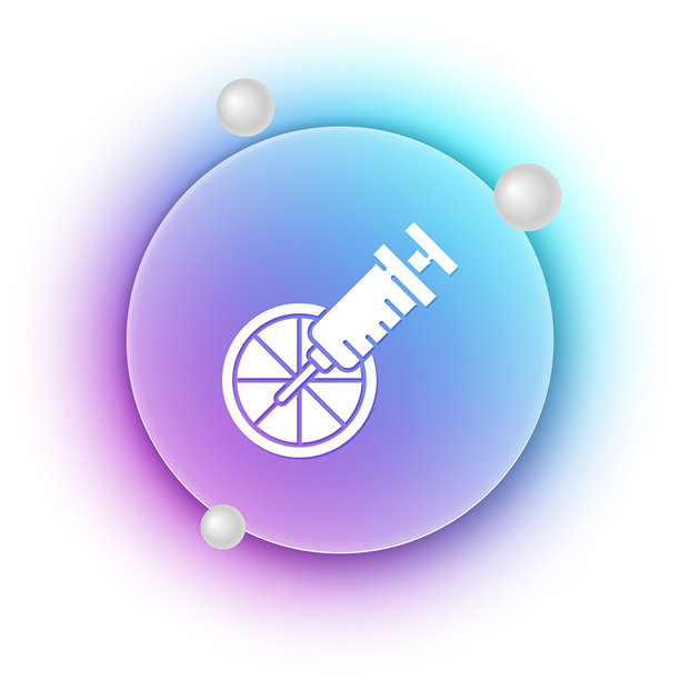 白色转基因柑橘水果图标，背景为蓝紫渐变圆圈。切开的橙子。健康生活方式。转基因水果。矢量图。图片下载